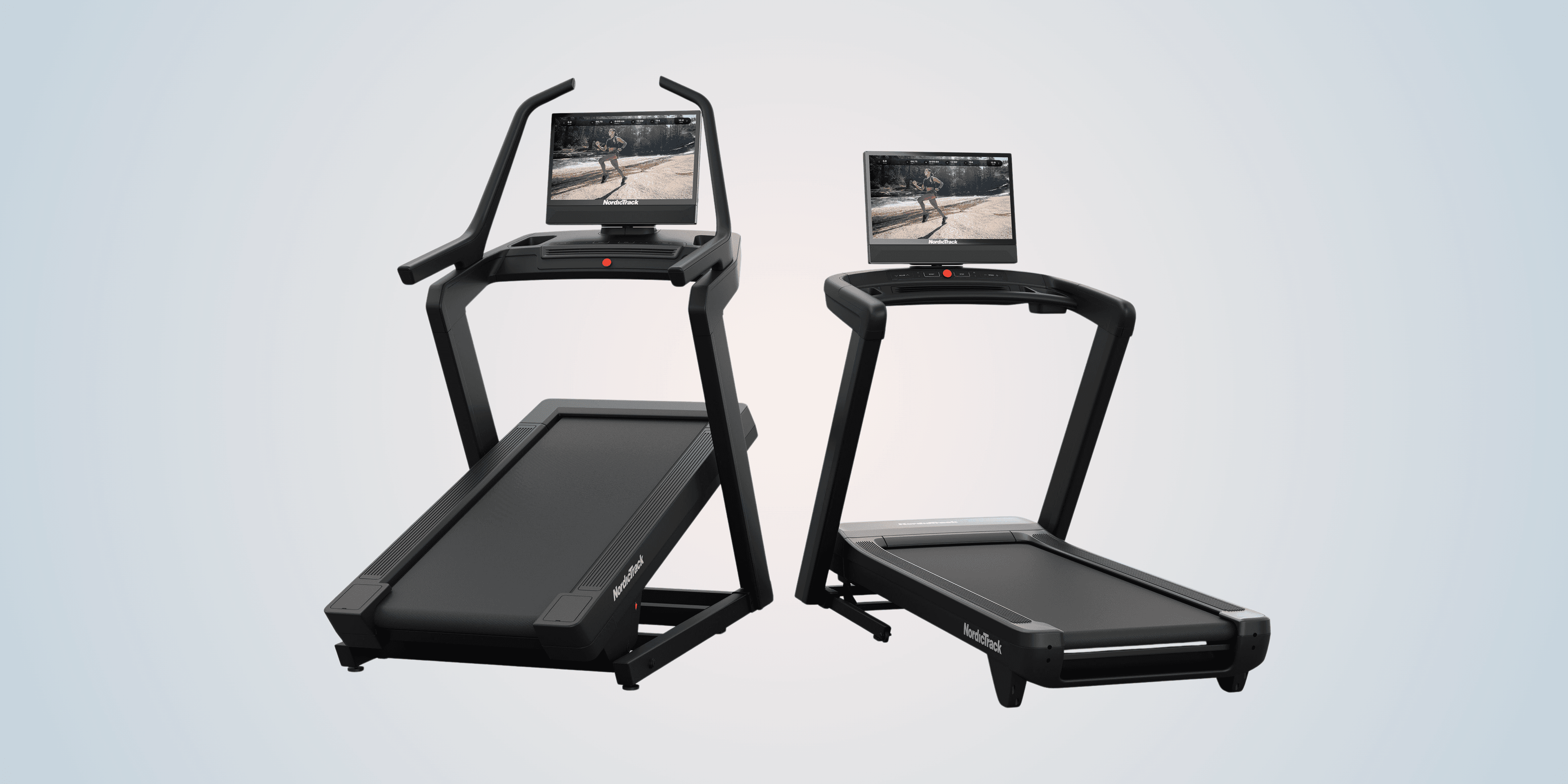 Two NordicTrack treadmills featuring HD touchscreens and modern frame design, representing models with a 400 lb listed user weight capacity and advanced incline training capabilities.
